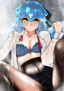 bangs bao_(vtuber) black_legwear blue_bra blue_hair blue_panties blurry blurry_background blurry_foreground blush bow bra breasts brown_eyes cleavage collarbone collared_shirt crotch_seam depth_of_field eyebrows_visible_through_hair female hair_between_eyes hairbow large_breasts long_hair long_sleeves looking_at_viewer multicolored_hair open_clothes open_shirt panties pantyhose parted_lips pupi rain rain_prophet see-through shirt sitting solo spread_legs underwear virtual_youtuber water_drop wet wet_clothes wet_hair wet_shirt white_shirt