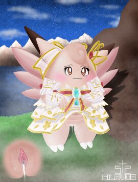 after_sex anthro blush bodily_fluids brown_eyes clefable clitoris clothed clothing clothing_lift cum cum_drip cum_in_vagina cum_inside dress dress_lift dripping elegant_style_clefable female generation_1_pokemon genital_fluids genitals grass hi_res holowear_(pokemon) leaking_cum looking_at_viewer mountain navel night nintendo orgasm pink_body plant pokemon pokemon_(species) pokemon_unite pussy sea silavos smile smiling_at_viewer solo standing tail vaginal_fluids vulva water watermark wings