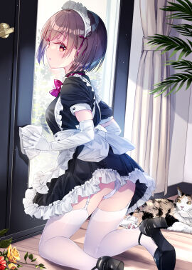 1girls apron breasts brown_eyes brown_hair cleaning_rag door elbow_gloves feline female flowers garter_straps glass_door gloves high_heels kneeling kobayashi_chisato looking_at_viewer maid maid_apron maid_headdress maid_uniform original panties short_hair small_breasts thighhighs upskirt waist_apron white_panties