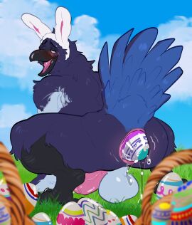 absurd_res anthro anus avian backsack balls bird corvid easter easter_egg egg feathers genitals hi_res holidays likanen male oren_(iceburrb) oscine oviposition passerine penis solo tail tail_feathers