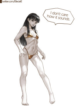 1girls bangs belly bikini black_eyes black_hair black_lipstick breasts dark_hair elleciel.eud english_text fear_and_hunger fear_and_hunger:_termina feet female flat_chest full_body gold_bikini human light-skinned_female light_skin lipstick long_hair looking_at_viewer navel pale-skinned_female pale_skin parted_lips pose ribs samarie_(fear_and_hunger) simple_background skinny slender_legs slim_waist small_breasts solo speech_bubble straight_hair swimsuit thighs twitter_link wide_hips