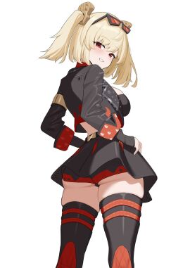 1girls ass blonde_hair breasts bubble_ass bubble_butt burnice_white clothing eyewear_on_head female from_behind fully_clothed jacket large_breasts looking_at_viewer mihoyo red_eyes skirt solo standing thick_ass thick_thighs thighhighs upskirt zenless_zone_zero