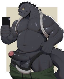 1boy anthro balls bara biceps bodily_fluids bottomwear claws clothing dad_bod digital_media_(artwork) electronics erection furry genitals godzilla godzilla_(series) hi_res hughhhh kaiju male male_only monster musclegut muscular muscular_male muscular_thighs nipples nude pants pecs penis phone scalie simple_background slightly_chubby smile smirk solo solo_focus solo_male spikes spikes_(anatomy) sweat tail taking_picture taking_selfie teeth toho triceps underwear undressing vein veiny_penis yaoi yellow_eyes