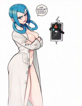 1girls blue_nails breasts english_text female female_focus female_only functionally_nude game_freak hentaly labcoat labcoat_only large_breasts light-skinned_female light_skin looking_at_viewer mable_(pokemon) mable_(pokemon_legends:_z-a) momiji_(pokemon) momiji_(pokemon_legends:_z-a) nail_polish nintendo pokemon pokemon_legends:_z-a pubic_hair text thick_thighs thighs white_background wide_hips