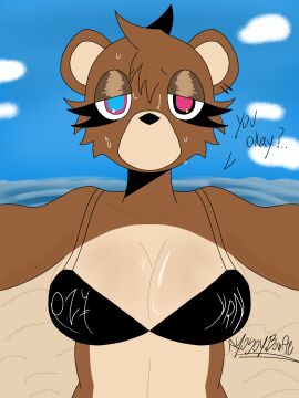 2d background bikini_top brown_fur colorful_eyes dropout_bear graduation_(kanye_west) looking_at_viewer ocean_background