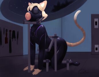 bondage bound darkanine121212 dungeon felid feline fleshlight_gag fleshlight_mask gag mammal markings penetrable_sex_toy penetrable_sex_toy_insertion restrained sex_toy solo sora_(tehkey) striped_markings striped_tail stripes tail tail_markings