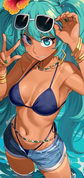 1girls aqua_eyes aqua_hair bare_shoulders bikini bikini_under_clothes blue_bikini bracelet brazil brazilian brazilian_female brazilian_miku commentary curvy dark_skin denim denim_shorts english_commentary eyewear_on_head female female_only flower green_nails grin hair_flower hair_ornament hands_up hatsune_miku highres jewelry laz_gm long_hair looking_at_viewer nail_polish navel open_fly orange_flower short_jeans short_shorts shorts smile solo solo_female standing stomach sunglasses swimsuit thong thong_bikini twintails very_long_hair vocaloid w wading water wide_hips yellow_nails