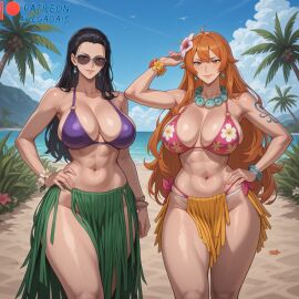 ahegao_ai ai_generated big_breasts bikini breasts female female_focus female_only hula hula_dancer nami_(one_piece) nico_robin one_piece