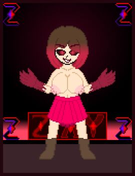 bete_noire betty_noire big_breasts black_background black_eyes boots breasts brown_boots brown_hair female glitchtale nipples pixel pixel_art red_eyes red_skirt short_hair skirt zixy