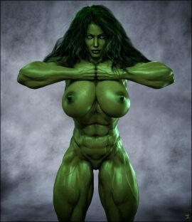 1girls 3d abs artist_logo big_breasts breasts busty exgemini female female_only green-skinned_female green_body green_eyes green_hair green_nipples green_skin hourglass_figure huge_breasts hulk_(series) large_breasts long_hair marvel marvel_comics muscular muscular_female muscular_thighs nipples nude nude_female she-hulk solo thick_thighs thighs veins waist