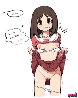 artist_request azumanga_daiou brown_eyes brown_hair exposed_breasts exposed_pussy female humiliated humiliation osaka_ayumu_kasuga panties_down skirt_lift