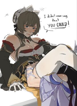 2girls bare_shoulders between_legs black_dress black_hair blue_eyes breasts brown_hair cleavage columbina_(genshin_impact) commentary cunnilingus detached_sleeves dress english_commentary genshin_impact gloves highres kapom maid_headdress medium_breasts multiple_girls oral purple_dress sandrone_(genshin_impact) simple_background thighhighs trembling white_background white_gloves white_headdress white_thighhighs yuri