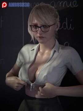 1girls 3d ambush3d animated animation ashley_graham belly blender blonde_hair bouncing_breasts breasts capcom classroom crop_top dress female glasses nipples ponytail resident_evil resident_evil_4 resident_evil_4_remake shirt shirt_lift student tagme teacher video white_shirt