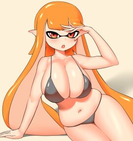 2024 belly belly_button big_breasts bikini black_bra black_clothing black_panties blush breasts chubby cleavage female female_focus female_only fixing_hair hands_on_breasts inkling inkling_girl jpg kaori_(splatoon) large_boobs large_breasts leaning light-skinned_female light_skin long_hair looking_at_viewer nobunagapero on_knees orange_hair pointy_ears red_eyes shoulders simple_background skimpy_clothes slightly_chubby slightly_chubby_female solo solo_female solo_focus splatoon tentacle tentacle_hair thick_thighs voluptuous voluptuous_female