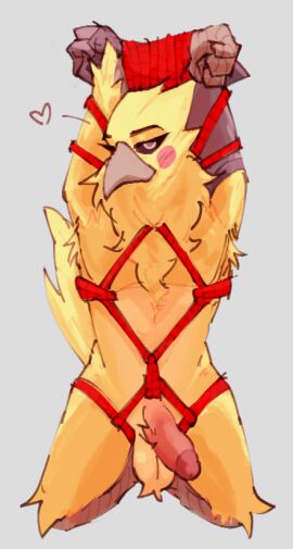 anthro arms_above_head arms_tied arrk avian balls beak bird bondage bound cockatiel cockatoo crowputerad cybernetic_arm cybernetic_limb feathers genitals heart_symbol humanoid_genitalia humanoid_penis kneeling looking_at_viewer male parrot penis red_rope restraints rope rope_bondage rope_harness scuted_arms scuted_legs scutes solo tail tail_feathers
