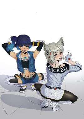 2girls black_nails blacked blacked_clothing blue_hair clothed core_crystal eyeshadow female grey_hair lipstick mio_(xenoblade) nail_polish posing purple_lipstick pvalent sena_(xenoblade) suggestive xenoblade_(series)