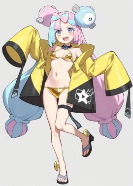 1girls artist_request bare_shoulders bikini bikini_bottom blue_hair blush bow breasts choker clothed clothing coat female front_view game_freak gold_bikini golden_bikini golden_week hair_ornament happy iono_(pokemon) light_skin long_hair looking_at_viewer navel nintendo one_leg_up oversized_clothes pink_hair pokemon pokemon_sv sandals sharp_teeth small_breasts solo standing string_bikini twintails upper_teeth very_long_hair