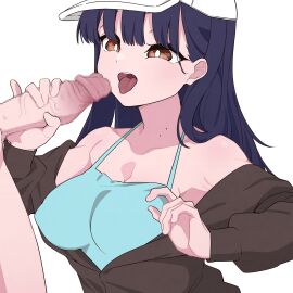 1boy absurdres bare_shoulders black_hair blue_camisole boku_no_kokoro_no_yabai_yatsu breasts bright_pupils brown_eyes brown_jacket camisole censored clothed_female_nude_male commentary female handjob hat highres ichikawa_kyoutarou jacket large_breasts long_hair male mekato mole mole_on_neck mosaic_censoring nude off_shoulder open_mouth paid_reward_available penis simple_background solo_focus straight tongue tongue_out upper_body white_background white_hat white_pupils yamada_anna