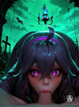 1boy 1girls @_@ ahoge ai_generated ai_video alberist all_fours all_the_way_to_the_base bangs blush chandelure cleavage clothed_female_nude_male deepthroat dress erection face_down_ass_up fellatio graveyard green_sky hair_between_eyes hairband hex_maniac huge_breasts large_breasts large_penis messy_hair oral outdoors outdoors_sex pokemon purple_eyes purple_hair solo_focus tagme thick_lips tombstone tongue unusual_eyes video vines wet_penis zubat