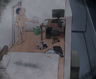 1boy 1girls absurdres arm_behind_back arms_around_neck barefoot bed bedroom bikini blue_bikini blue_eyes blush breasts clothes_on_floor commentary completely_nude computer condom condom_wrapper dark dolphin_wave faceless faceless_male female hand_on_own_chest highres kissing kissing_while_penetrated large_breasts lifting_person male night nude porch pubic_hair pussy sex short_hair sitting skindentation slippers solo_focus stained_sheets standing standing_sex straight suspended_congress swimsuit time_lapse tojou_michiru unworn_clothes upright_straddle uruwana used_condom used_tissue vaginal_penetration