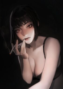 big_breasts breasts cigarette cleavage female female_only light-skinned_female light_skin limart looking_at_viewer mole_under_eye original original_character painting_(artwork) pov