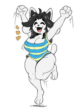 2025 arms_up black_hair bluebambo breasts cleavage closed_eyes feet female female_only furry happy jumping long_hair temmie temmie_(undertale) thighs toby_fox undertale undertale_(series) white_background white_fur