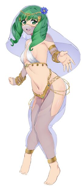 1girls breasts cleavage dancer dancer_outfit female fire_emblem fire_emblem:_three_houses flayn_(fire_emblem) flower flower_in_hair green_eyes green_hair looking_at_viewer monstermilk mouth_veil nintendo see-through sideboob small_breasts veil