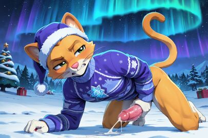 1boy ai_generated all_fours animal_ears animal_nose bed blush bottomless cat_boy cat_ears cat_tail christmas christmas_lights christmas_ornaments christmas_tree clenched_teeth copycat_(paw_patrol) cum ejaculation erection fangs foreskin full_body furry furry_male gift gift_box green_eyes half-closed_eyes hat kneeling long_sleeves luxeraora10 male_focus male_masturbation masturbation nickelodeon night night_sky no_pants open_mouth orange_fur outdoors paw_patrol penis pine_tree precum projectile_cum purple_headwear purple_sweater santa_hat shiny sky snow snowflakes snowing solo star starry_sky sweater tail tail_raised teeth testicles thighs tree turtleneck turtleneck_sweater uncensored veins veiny_penis whiskers winter