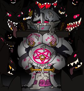 1girls after_sex ass bad_end bondage broken_rape_victim bukkake cone_of_shame container cum_in_ass cum_in_mouth cum_in_pussy cumflation dog_bowl drowning_in_cum female furry helluva_boss inflation kritterkabal loona_(helluva_boss) nipple_piercing nipples piercing pregnant pussy