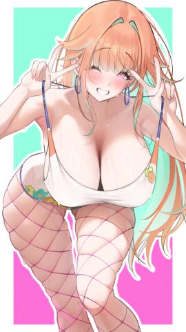 ;d absurdres breasts cleavage colored_inner_hair curvy double_v earrings female fishnet_pantyhose fishnets gradient_hair green_hair grin highres hololive hololive_english hoop_earrings huge_breasts jewelry large_breasts leotard long_hair looking_at_viewer multicolored_hair official_alternate_costume official_alternate_hairstyle one_eye_closed open_mouth orange_hair pantyhose pink_pantyhose prab purple_eyes simple_background smile solo strap_lift sweat takanashi_kiara takanashi_kiara_(fever_night) thick_thighs thighs v very_long_hair virtual_youtuber white_leotard wide_hips
