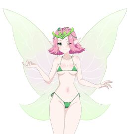 animated arena_of_valor bikini blush breasts female green_bikini green_eyes hashibath krixi_(arena_of_valor) looking_at_viewer navel pink_hair pointy_ears pussy wings wink winking_at_viewer