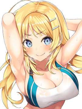 1girls ahoge arm_behind_head armpits arms arms_behind_head arms_up bare_armpits bare_arms bare_belly bare_breasts bare_midriff bare_shoulders bare_skin bare_torso blonde-haired_female blonde_female blonde_hair blue-eyed_female blue_eyes blush blushing_at_viewer blushing_female breasts cleavage closed_mouth collarbone covered_nipples elbows embarrassed embarrassed_female female hachimiya_meguru hair_between_eyes hair_ornament hairclip hairpin hand_behind_head hands_behind_head head_tilt idolmaster idolmaster_shiny_colors inuzumi_masaki large_breasts long_hair looking_at_viewer low_twintails nipple_bulge shoulder simple_background slender_body slender_waist slim_female slim_waist smile solo sports_bra sportswear steam sweat sweatdrop sweating sweaty sweaty_armpit sweaty_armpits sweaty_body sweaty_breasts thin_waist tilted_head twintails wet white_background white_sports_bra