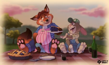 2025 anthro apron belly black_nose bodily_fluids bottomwear bulge canid canine catsnbriefs clothing disney duo feet food fox genital_fluids gideon_grey hat headgear headwear hi_res lagomorph leporid male male/male mammal masturbation open_mouth overalls pants pastry pie precum rabbit shirt sitting slightly_chubby stu_hopps topwear underwear zootopia