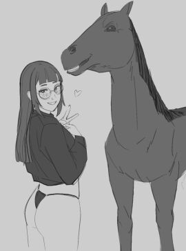 1animal 1girls :d artist_self-insert blush female glasses heart heart_symbol horse lewdismug looking_at_viewer monochrome peace_sign realda_(vibrantrida) smile smile_at_viewer sweater thong vibrantrida zoophilia