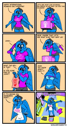 apron big_breasts bird blue_hair bra breasts dildo female hair large_breasts long_hair noncomposmentis original original_character panties tessa_(noncomposmentis) wide_hips