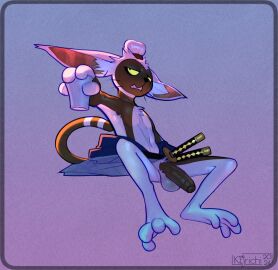 1boy avatar_legends avatar_the_last_airbender balls foreskin genitals humanoid_genitalia humanoid_penis korichi male male_only mammal melee_weapon momo_(avatar) nickelodeon non-human non-human_only penis primate solo sword thin_calves thin_legs thin_thighs uncircumcised weapon winged_lemur