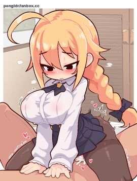 1boy ahoge black_bow black_bowtie black_eyes black_pantyhose black_skirt blazblue blonde_hair blush bow bowtie breasts closed_mouth commentary cowgirl_position cum cum_in_pussy cum_overflow es_(xblaze) female hairbow huge_breasts long_sleeves male miniskirt paid_reward_available pantyhose pleated_skirt pongldr pussy sex shirt skirt solo_focus straight torn_clothes torn_pantyhose twintails vaginal_penetration white_shirt xblaze xblaze_code:_embryo