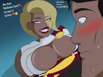 1boy 1girls ass background big_ass big_breasts blonde_hair boyfriend-girlfriend breasts chris_kent couple couple_love dc dc_comics dialogue djpaint96-ii djpaint96_ii female huge_ass huge_breasts jon-al justice_league justice_league_unlimited kara_zor-l karen_starr male nervous nervous_expression old_art power_girl smile smiley_face superprime_(dc)