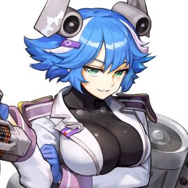 arm_under_breasts bangs big_breasts black_bodysuit blue_gloves blue_hair bodysuit bodysuit_under_clothes breasts color female female_focus female_only female_soldier game_cg gloves gs-10_sand_girl_(last_origin) gun hair_ornament hairclip jetpack kakiman last_origin looking_at_viewer medal military_uniform multicolored_hair open_clothes open_uniform short_hair smile smiling smiling_at_viewer soldier soldier_uniform spiked_hair teeth transparent_background upper_body weapon white_hair white_uniform