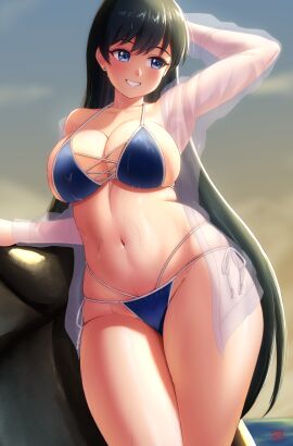 1girls absurdres arato_nagi arm_up arms_behind_head big_breasts bikini black-haired_female black_hair blue_bikini blue_eyes blush breasts cleavage clenched_teeth curvaceous curvaceous_female earrings female female_only finalcake highres horizon light-skinned_female light_skin long_black_hair looking_to_the_side multi-strapped_bikini multi-strapped_bikini_bottom multi-strapped_bikini_top nagi_arato navel ruri_no_houseki ruri_rocks side-tie_bikini_bottom sky smile solo solo_female standing stud_earrings swimsuit teeth thick_thighs thighs very_long_hair voluptous_female voluptuous wide_hips