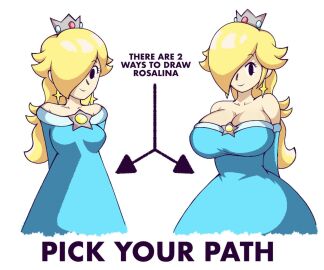 2d 2girls black_eyes blonde_hair breasts child_bearing_hips choose_your_own_adventure clone cute damonfive0 earrings english_text female hair_over_one_eye hourglass_figure huge_breasts large_breasts looking_at_viewer mario_(series) milf nintendo no_bra princess_dress princess_rosalina sexy size_difference skinny small_breasts star_earrings strapless_dress super_mario_galaxy wide_hips