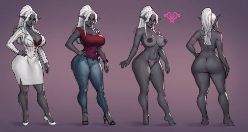 absurdres akira_raikou ass big_breasts black_footwear bra bra_peek bracelet breasts cleavage colored_skin dark_elf dark_nipples denim drow elf female glasses grey_skin hand_on_own_hip high_heels highres huge_breasts jacket jeans jewelry lieren_venren_(shieghguy) long_hair multiple_views navel nipples nude original pants pointy_ears ponytail pubic_tattoo purple_eyes pussy red_bra red_shirt round_eyewear shirt skirt sleeveless sleeveless_shirt underwear white_footwear white_hair white_jacket white_skirt