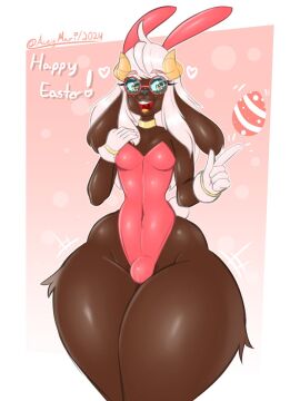 1boy 2024 aceymari anthro ari_yang bulge bunny_ears bunnysuit collar cotton_tail easter easter_egg femboy freckles furry glasses gloves heart horns long_hair male motion_lines no_humans otoko_no_ko pointing sheep smile tagme thick_thighs wide_hips