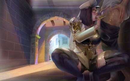 1boy 1girls alley bdo black_desert black_desert_online blowjob brown_hair clothed clothed_female clothed_male fellatio female glasses hat heels male nana_squidrock navy_hat oral oral_sex outdoors pants_down penis penis_in_mouth shorts squatting squatting_blowjob stockings sucking_penis tamer_(black_desert) tinted_eyewear yellow-tinted_eyewear