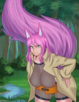 ass big_ass breasts female fishnets fox_ears fox_tail green_eyes horizonah221 jacket large_breasts looking_back_at_viewer nipple_bulge nipples_visible_through_clothing no_panties original_character pink_hair sideboob thick_thighs thighhighs