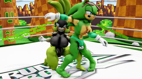 3d 3d_model afrosoricid anthro archie_comics balls balls_grab balls_squeeze barefoot blush breasts clothed clothing detailed_background digital_media_(artwork) dominant dominant_female duo eulipotyphlan eyewear feet female femdom fight fur genitals glasses gloves green_body green_fur green_text handwear hedgehog hi_res humanoid humanoid_feet idw_comics idw_publishing johversen male male/female mammal mikumikudance_(artwork) mobian mobian_(species) mobian_tenrec multicolored_body multicolored_fur plantigrade pussy scourge_the_hedgehog sega sonic_(series) sonic_the_hedgehog_(archie) sonic_the_hedgehog_(comics) sonic_the_hedgehog_(idw) sonic_the_hedgehog_(series) surge_the_tenrec tenrec text thick_thighs topless topless_male wrestling