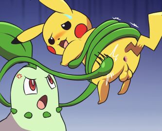 ambiguous_feral ambiguous_gender angry anus backsack balls ballsack blush bodily_fluids bound butt_slap chikorita cross-popping_vein duo feral fur generation_1_pokemon generation_2_pokemon genitals gradient_background green_body male male_feral mincheeto nintendo pikachu pokemon pokemon_(species) simple_background slap spanking sweat sweatdrop vine_whip yellow_body yellow_fur