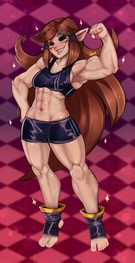 1girls abs belly_button biceps black_sclera brown_hair charlotte elf elf_ears elf_female feet female flexing gym_clothes long_hair midriff muscles muscular muscular_female oc original original_character puff reliusmax sports_bra stirrup_socks strong toes