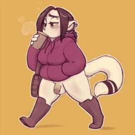 anthro balls beverage blush bottomless circumcised clothed clothing coffee domestic_cat dragon-chan dragon-chan_(character) felid feline felis flaccid futanari genitals intersex mammal penis piercing simple_background tail unaware walking