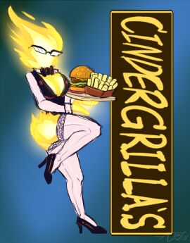 1girls bowtie burger cindergrilla_(under_(her)_tail) elemental elemental_creature elemental_humanoid female female_only fire fire_girl flame flames food fries glasses grillby high_heels looking_at_viewer no_eyes no_mouth solo solo_female tagme thewill under_(her)_tail under_(her)_tail_love_and_lust undertale undertale_(series)